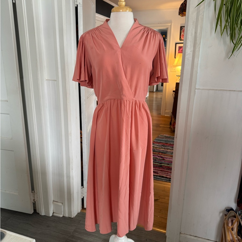 True Vintage Doncaster Coral Midi Dress with Flutter Sleeves